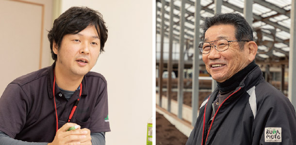 有機支援センター合志所長の大川泰宏さん（右）と、JA菊池畜産部畜産課の中原慎二郎さん（左）