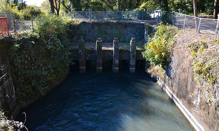 約400年前に白川から水を引くためにつくられた「上井手」の取水口。この水は今も大津町や菊陽町で米づくりや野菜栽培に使われている