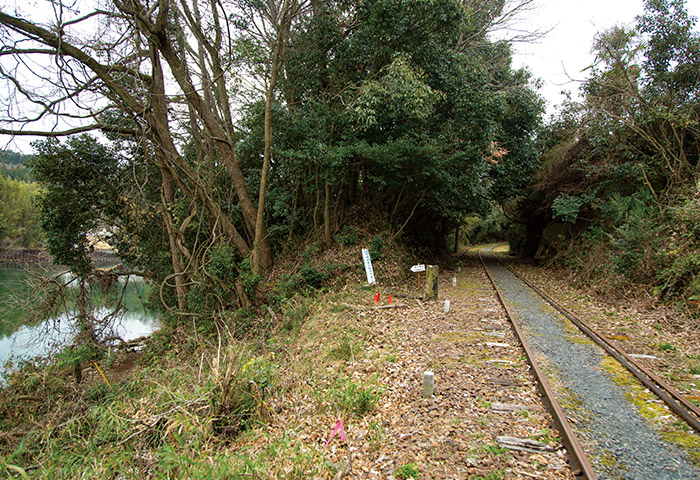 この廃線路の奥には枝下用水の「第二樋門」の遺構があるという