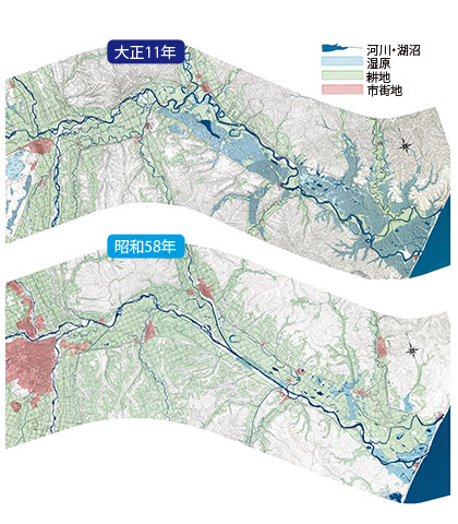 十勝川下流域の1922年（大正11）と1983年（昭和58）の土地利用。湿原が失われ、耕地になっていることがわかる 提供：北海道開発局