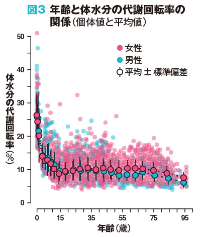 図3	年齢と体水分の代謝回転率の関係（個体値と平均値）