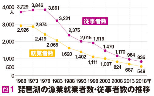 図1 琵琶湖の漁業就業者数・従事者数の推移