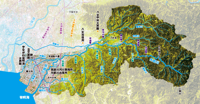 【矢部川流域の地図】