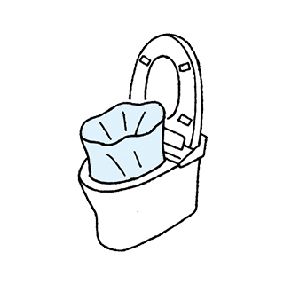 ［1］携帯トイレを濡らさないために便座をあげて、便器にポリ袋を取り付ける