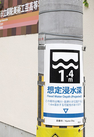 銅駝地区の電柱に掲示される想定浸水深