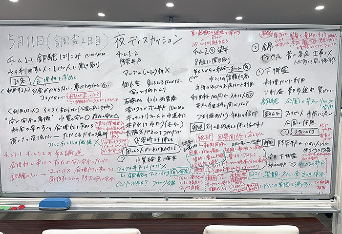 ３つのグループがそれぞれ報告したことを板書し、それを見ながら思考を深めていく