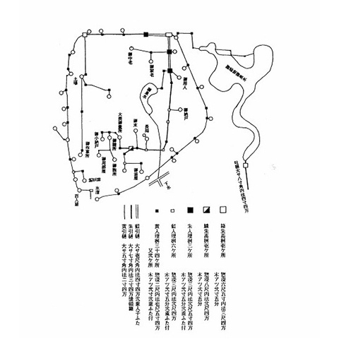 『彦根藩上屋敷内の水道配管図』（『内玉門繋樋筋絵図』（彦根城博物館蔵）を参考に神吉和夫さん作成）