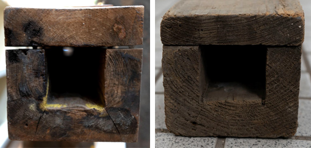 半田水道の木樋。「彫樋」と呼ばれる構造。左は蓋も同じ材、右は蓋だけ別の材（ミツカングループ蔵）
