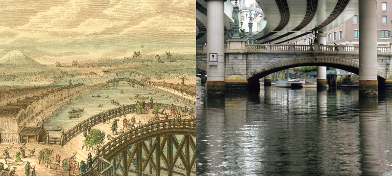江戸時代と現在の日本橋付近の様子。江戸時代は物資を運ぶ船で川が賑わっていた。