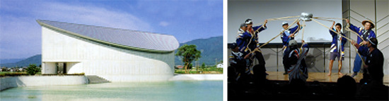 左：西堀榮三郎記念探検の殿堂　右：第 9 回世界湖沼会議のワークショップで「淳史君の溜池たんけん」演じる湖東町大澤の皆さん。