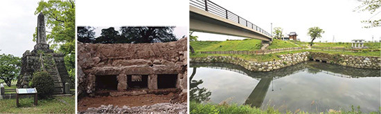 左：成富君水功之碑。発掘された石井樋（中央）と、復元されて稼働中の石井樋（右）。