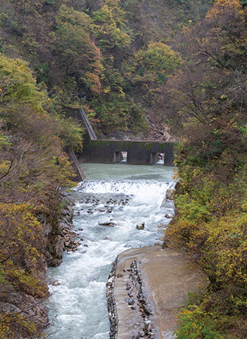 透過型の堰堤が設けられた手取川の支流「尾添川（おぞがわ）」