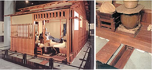 復元された長屋。水瓶の横から木樋で水が排水される。 （江戸東京博物館『模型で見る江戸・東京の世界』1997）