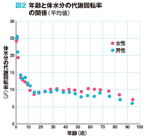 図2	年齢と体水分の代謝回転率の関係（平均値）